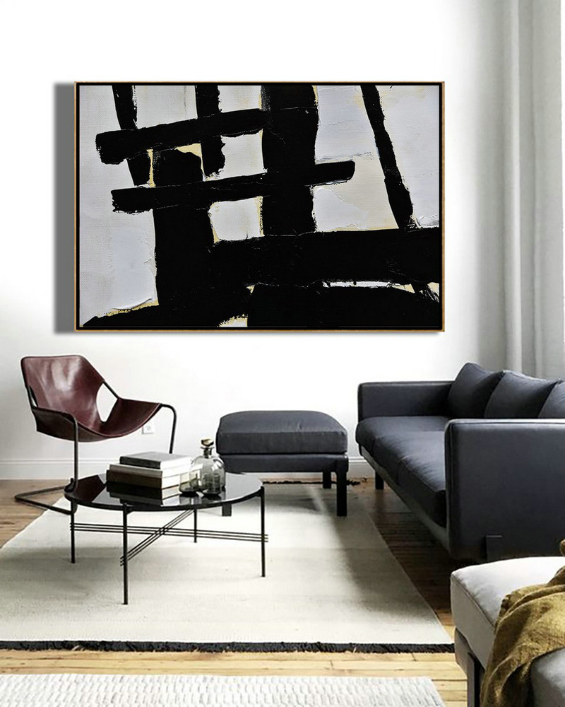 Huge Abstract Canvas Art,Horizontal Palette Knife Minimal Canvas Art Painting Black White Beige - Modern Art Abstract Painting